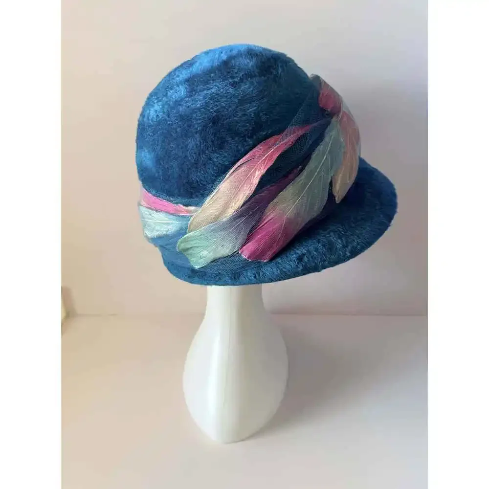 Vintage Christian Dior Chapeaux Turquoise Cloche Hat | Feather Trim Designer Ha